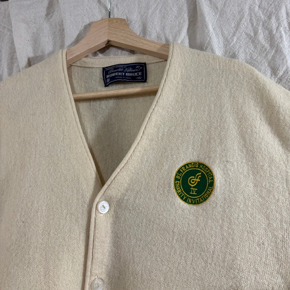 Vintage Arnold Palmer Robert Bruce Cardigan Sweater Cream XL Golf 60s 70s USA
